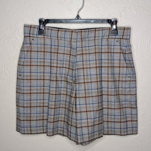 Sandro Womens 42 (US 10) Blue Brown Plaid Pleated Wool Blend Shorts - Picture 1 of 10